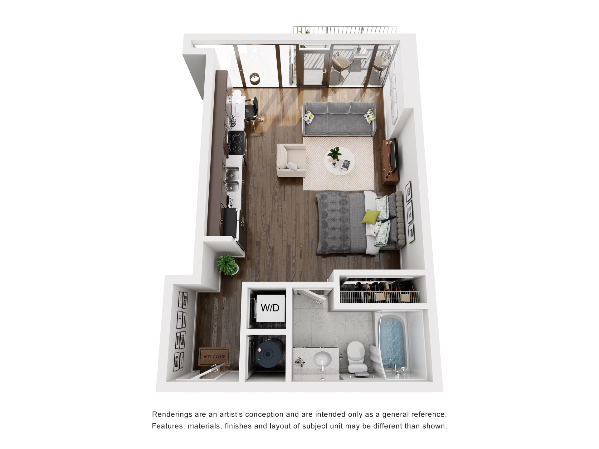 Floor plan for studio, 1 bath, 586 sqft